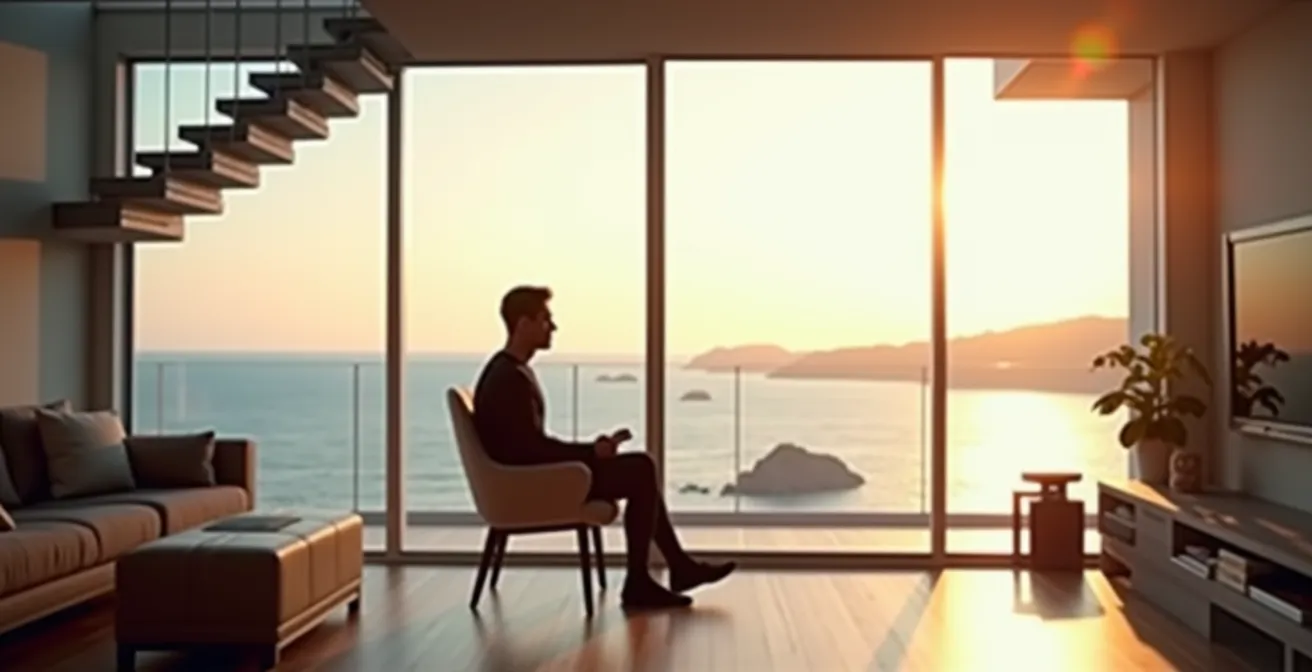 Salon moderne aménagé à l'étage avec grandes baies vitrées offrant une vue spectaculaire, escalier design visible au premier plan