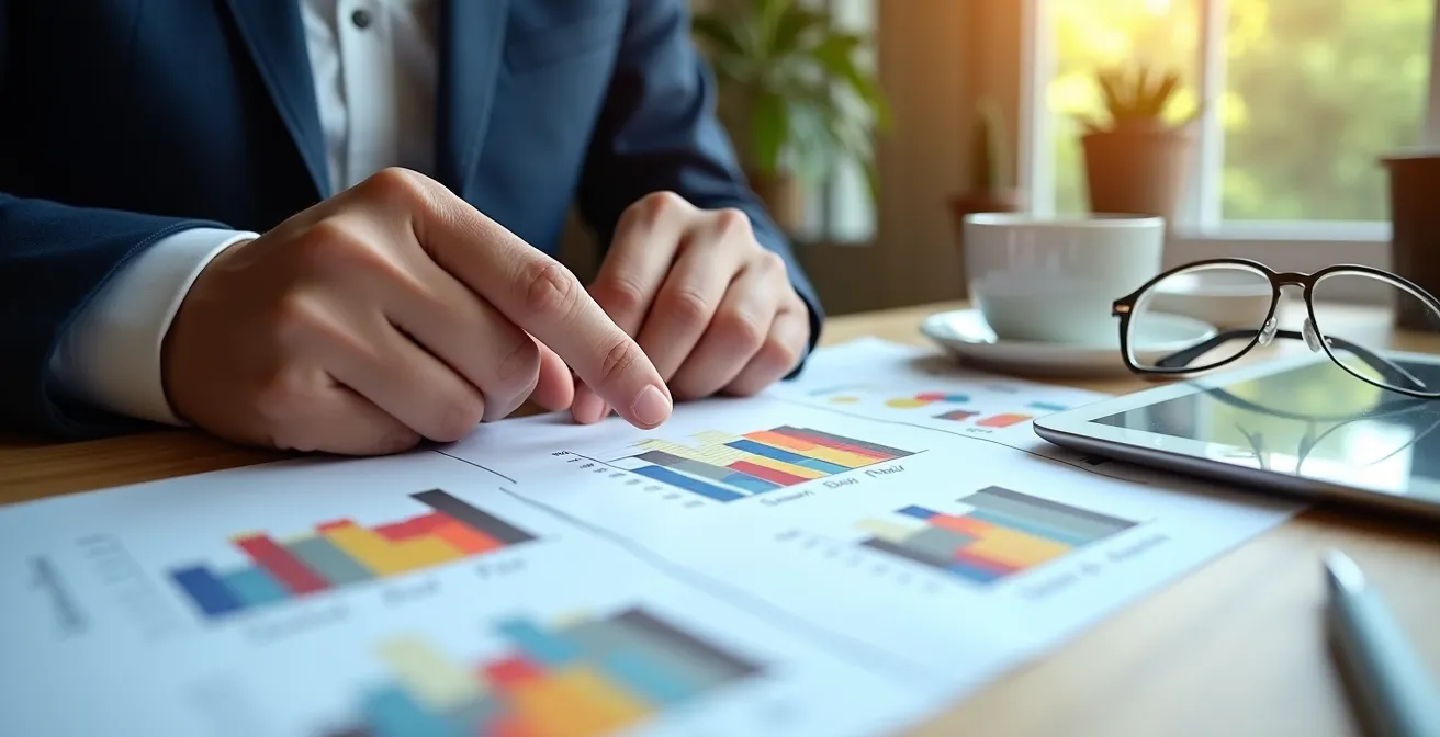 Analyse comparative de prix immobiliers avec graphiques et données DVF sur une table de travail