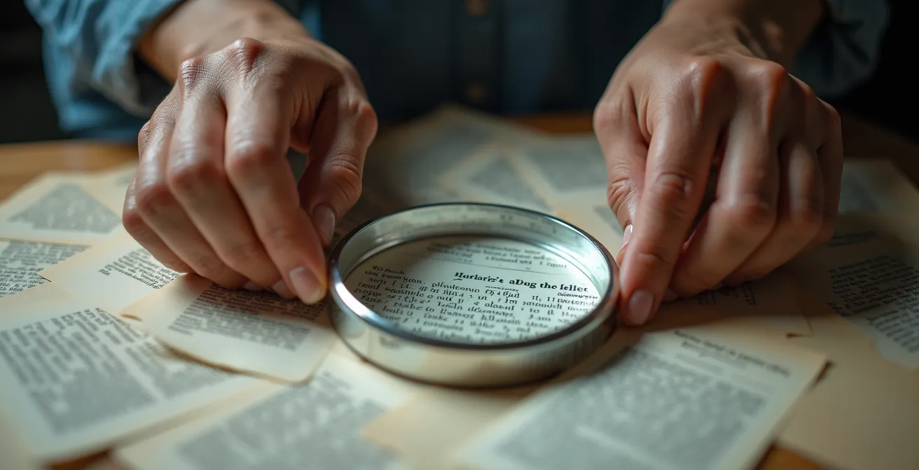 Gros plan sur des mains analysant un document avec une loupe