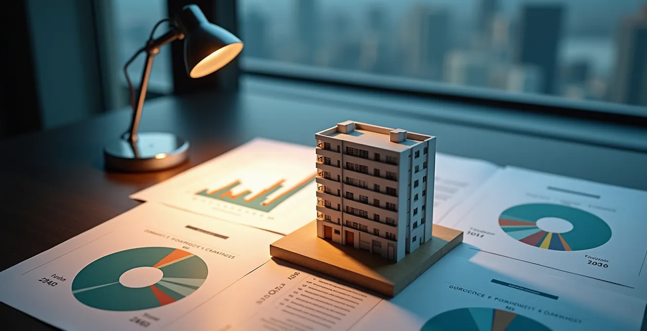 Bureau avec graphiques financiers et maquette d'immeuble