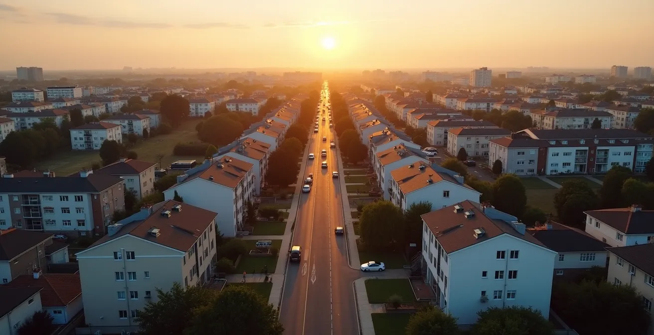 Vue aérienne d'un quartier résidentiel avec différents types de logements pour une analyse de marché