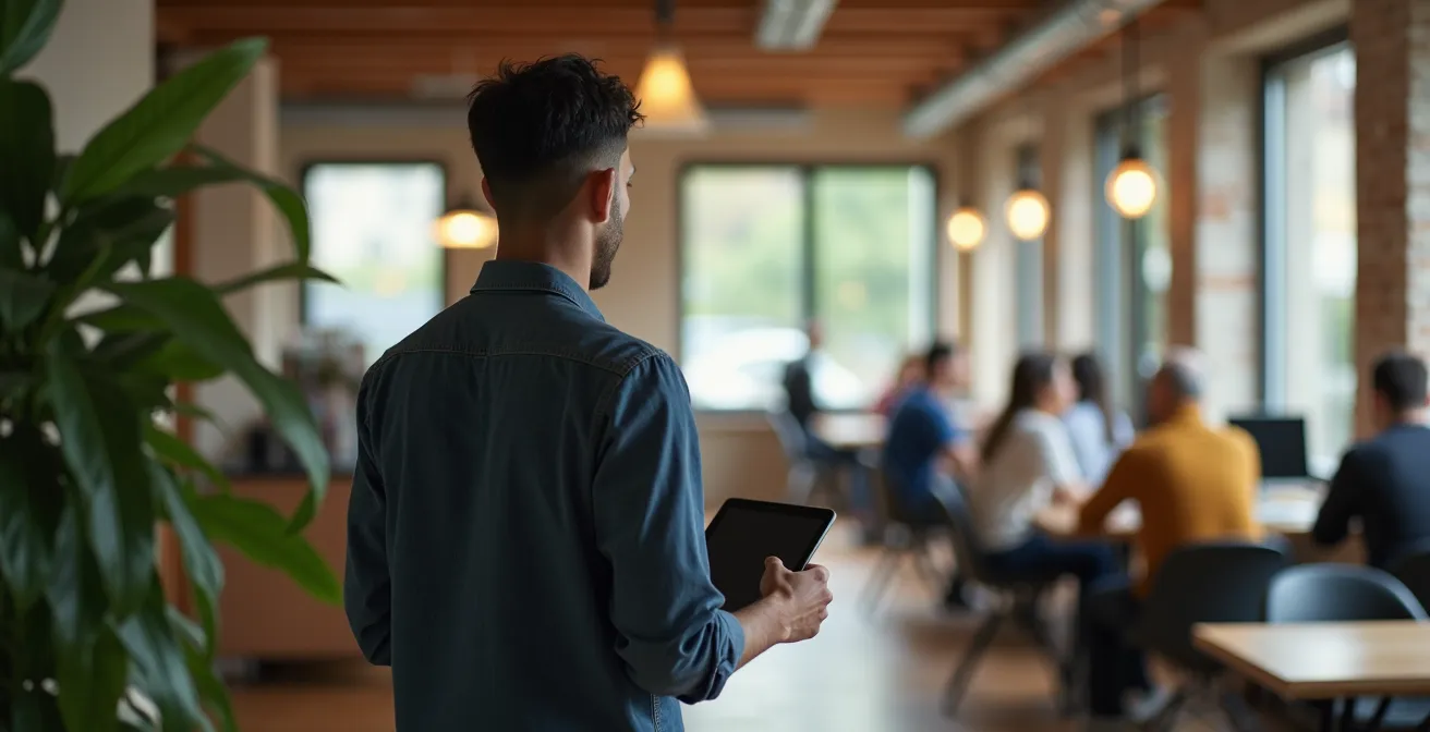 Entrepreneur évaluant un espace de coworking avec une checklist d'audit à la main.