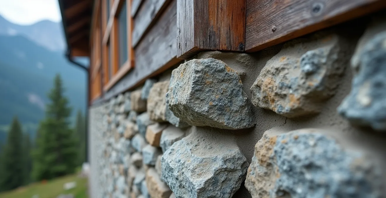 Détail architectural montrant la transition entre bardage bois vieilli et soubassement en pierre naturelle sur un chalet de montagne