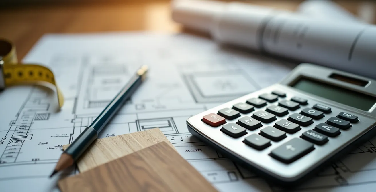 Vue macro de documents de planification de rénovation avec calculatrice et échantillons de matériaux