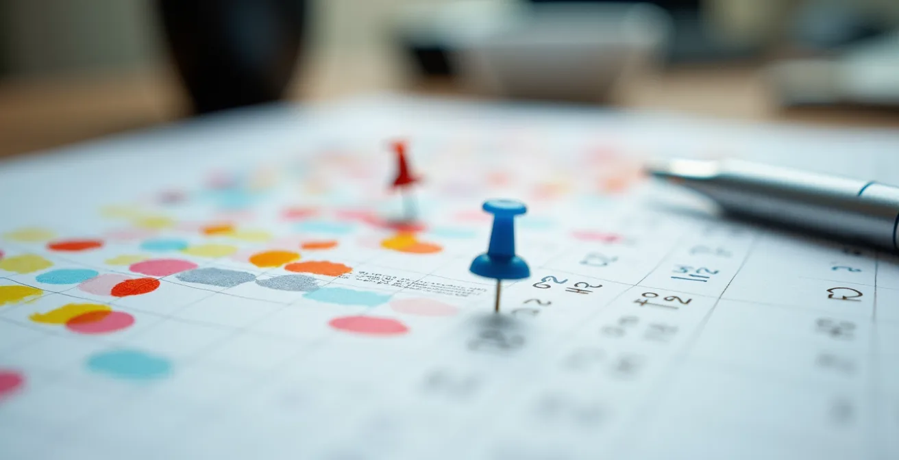 Vue macro d'un calendrier professionnel avec système de suivi des paiements