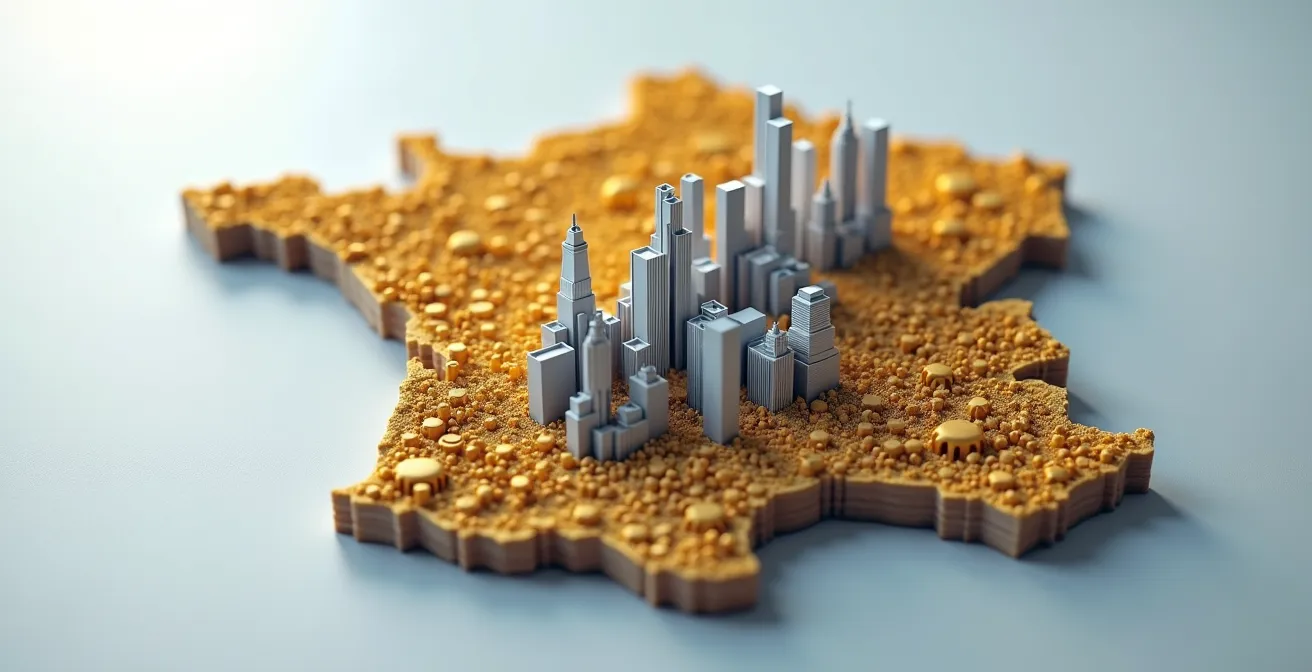 Carte de France avec gradient de couleurs montrant les rendements immobiliers par région