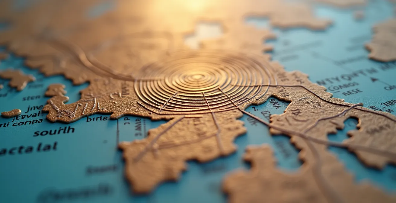 Carte isochrone montrant les zones accessibles en 15 minutes depuis un point central