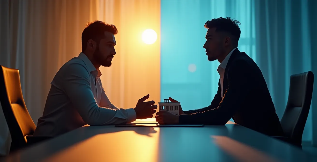 Deux professionnels de l'immobilier dans des positions opposées symbolisant des intérêts divergents