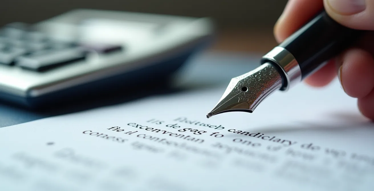 Main signant un document de clause suspensive avec calculatrice et dossiers bancaires en arrière-plan