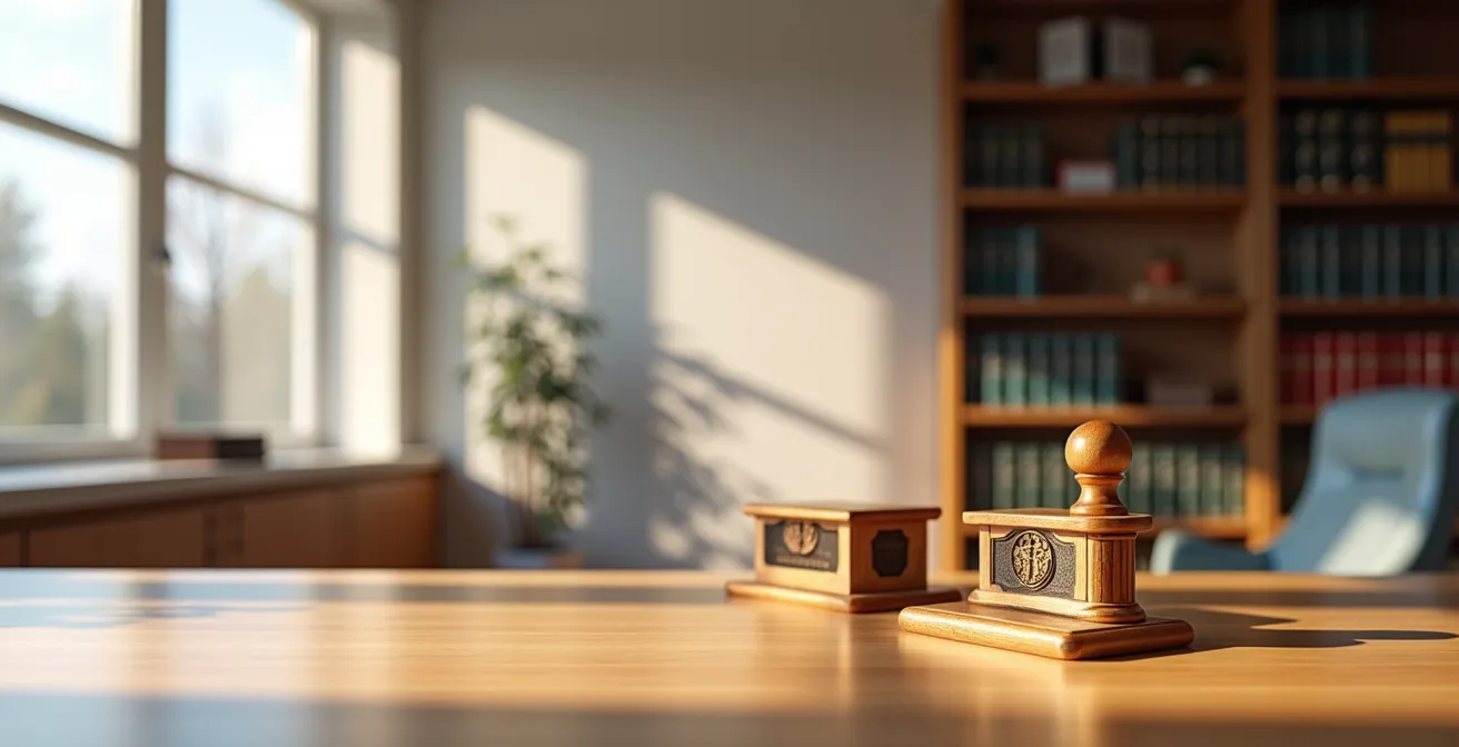 Bureau notarial moderne avec documents officiels et tampons, suggérant sécurité et authenticité