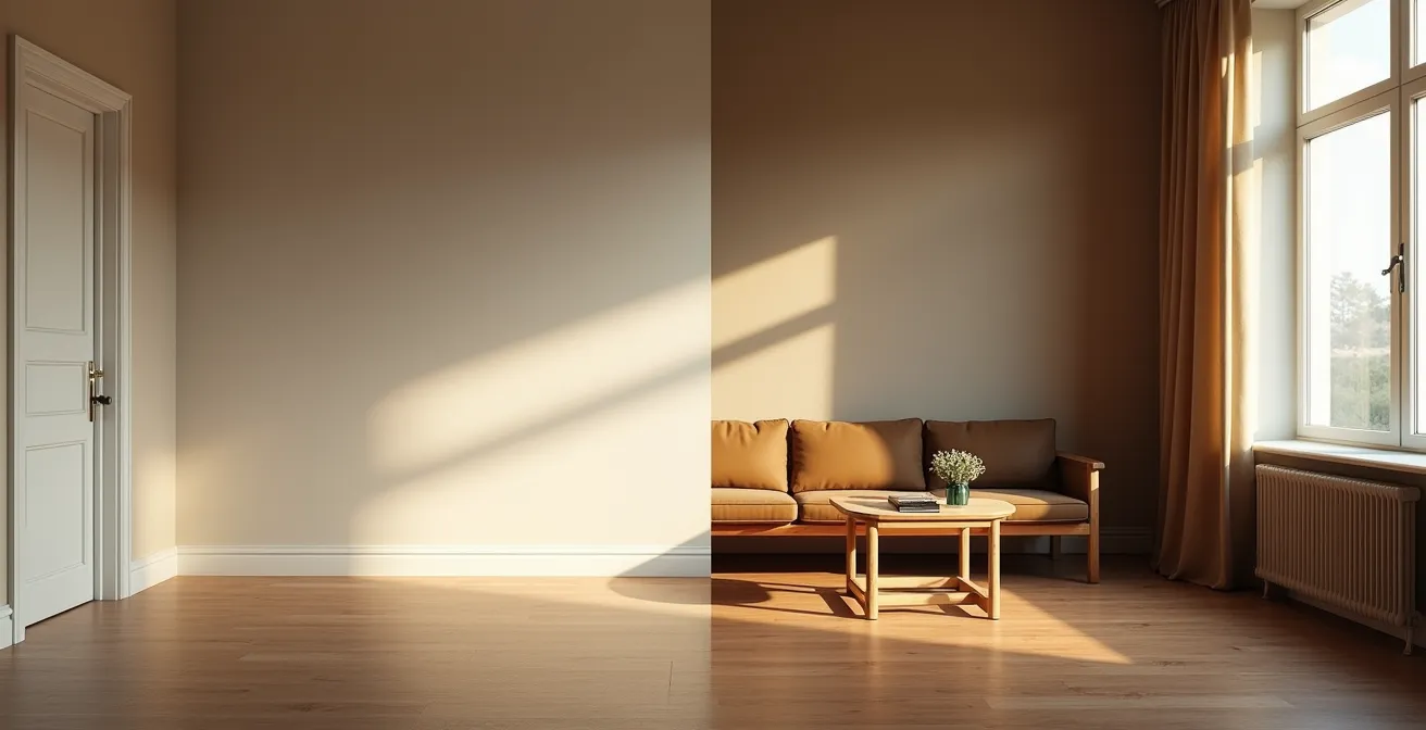 Comparaison visuelle d'un salon vide et sa version avec home staging virtuel