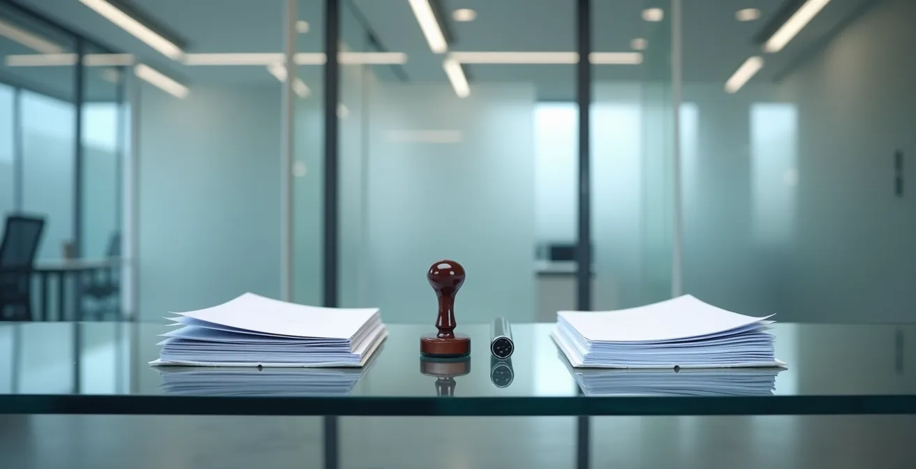 Comparaison visuelle entre un rapport d'expertise certifié et un simple avis de valeur d'agence sur un bureau bancaire