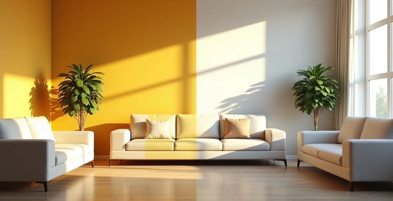 Vue split-screen montrant deux salons identiques, l'un baigné de lumière dorée (sud), l'autre dans une lumière douce et uniforme (nord)