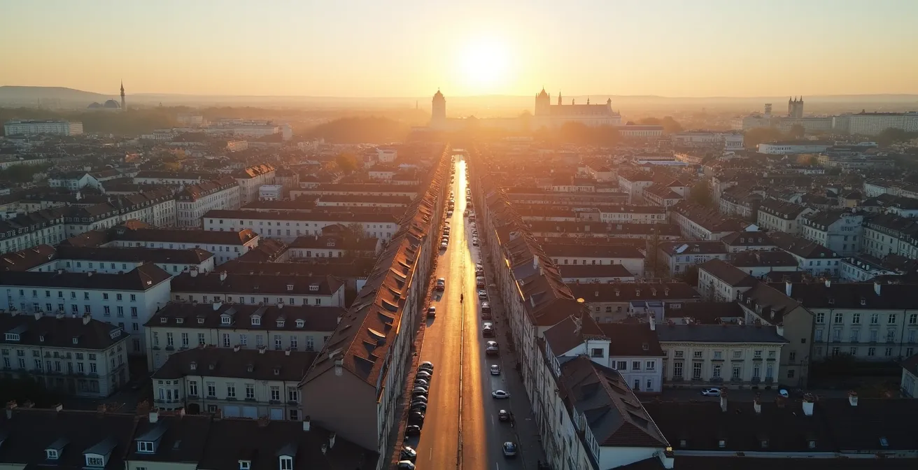 Vue aérienne d'une ville avec symboles de connexion numérique