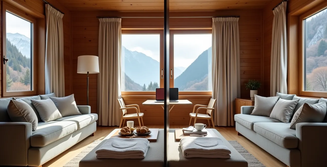 Comparaison visuelle entre un chalet LMNP classique et un établissement para-hôtelier avec services