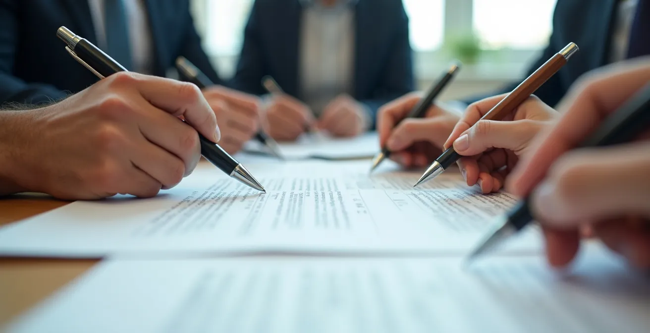 Mains multiples signant un document de bail en colocation sur une table en bois