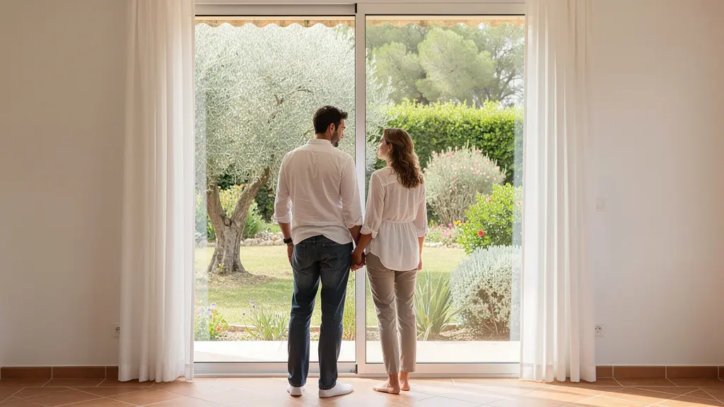 Couple visitant une maison lumineuse avec vue sur jardin méditerranéen