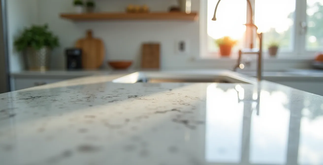 Cuisine moderne après rénovation avec plan de travail neuf et éclairage optimal