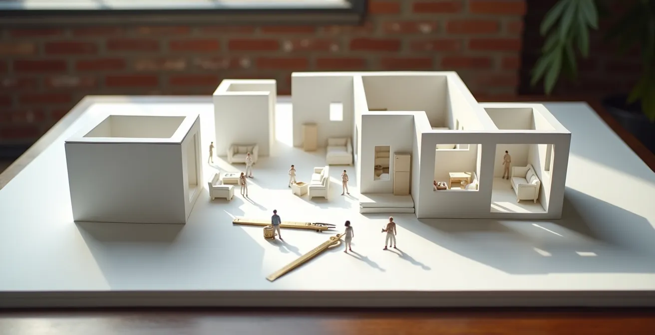 Plan architectural montrant la transformation d'un T4 en deux T2