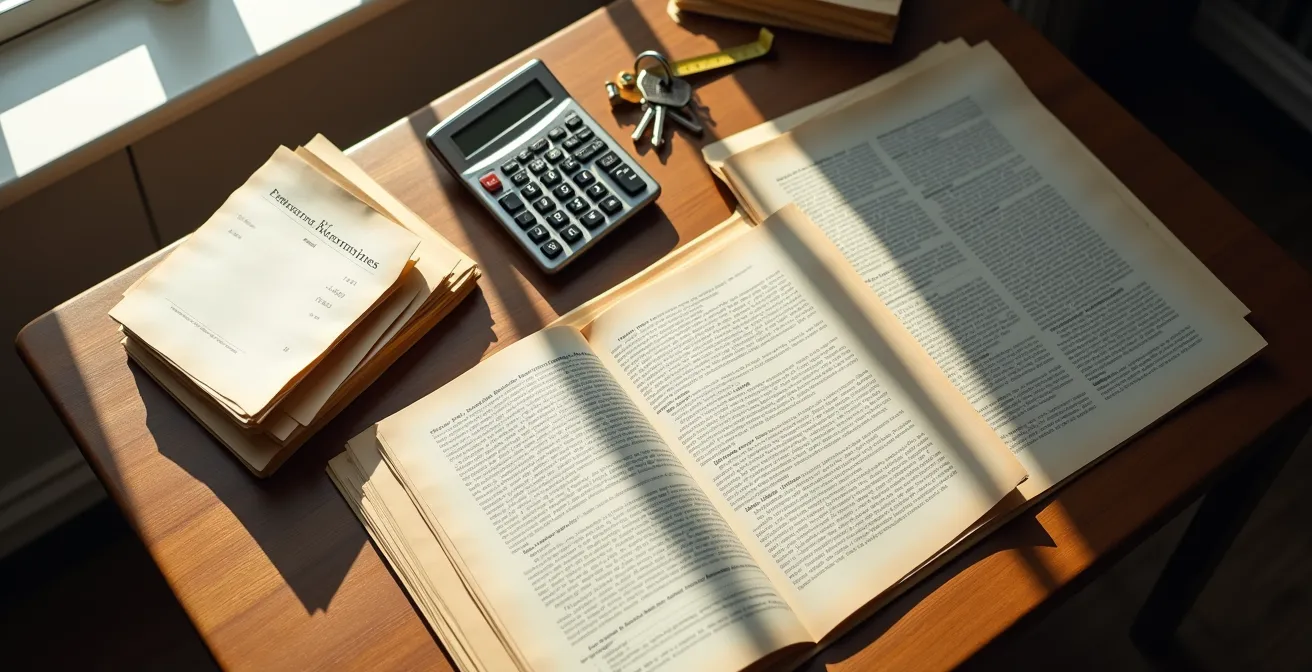 Dossiers de diagnostics immobiliers empilés sur une table avec calculatrice