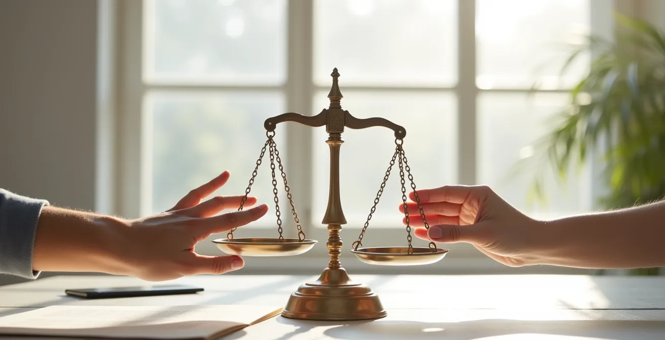 Balance équilibrée avec documents notariés et mains familiales unies