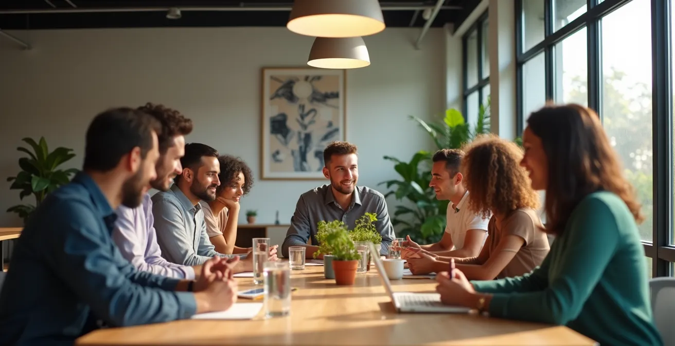 Espace de coworking moderne avec équipe de jeunes professionnels travaillant dans un environnement ouvert et lumineux