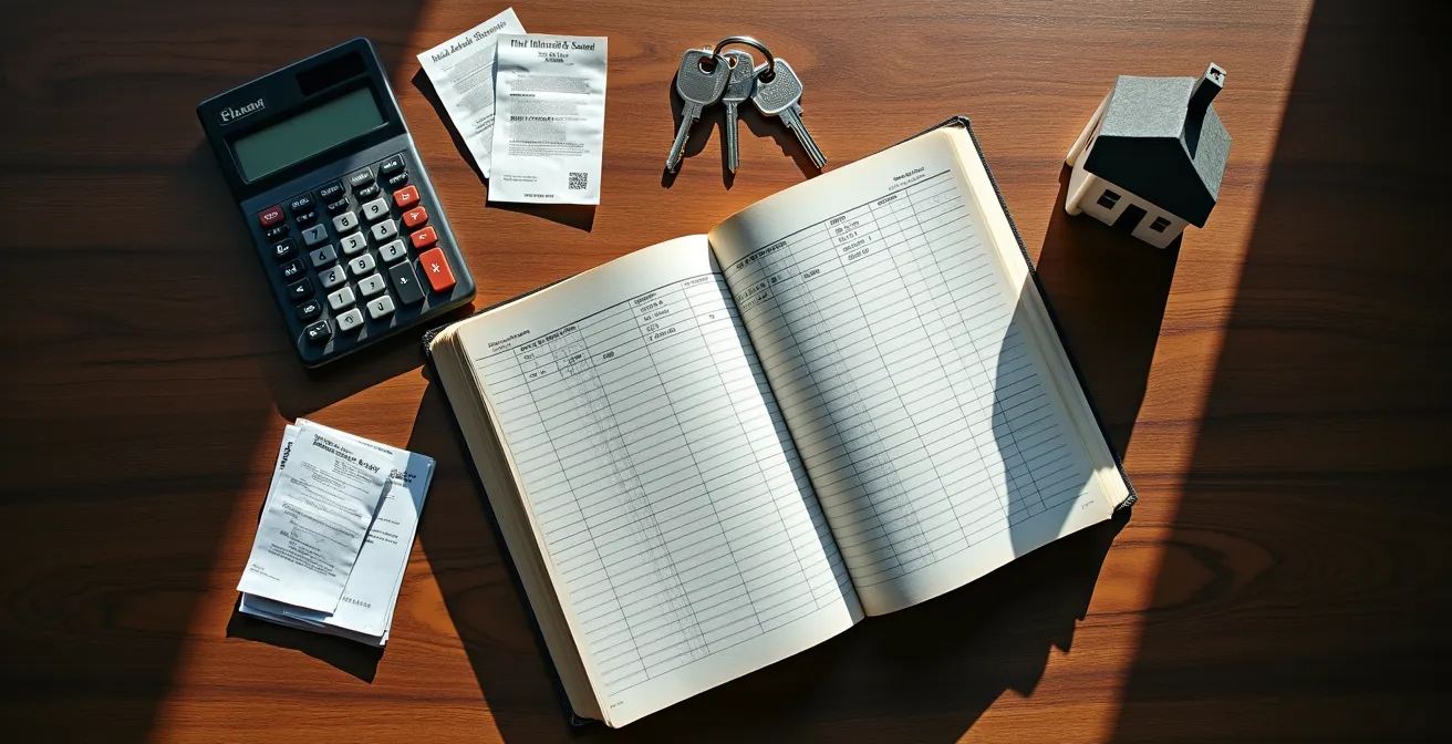 Table avec registre comptable, factures et calculatrice pour gestion indivision