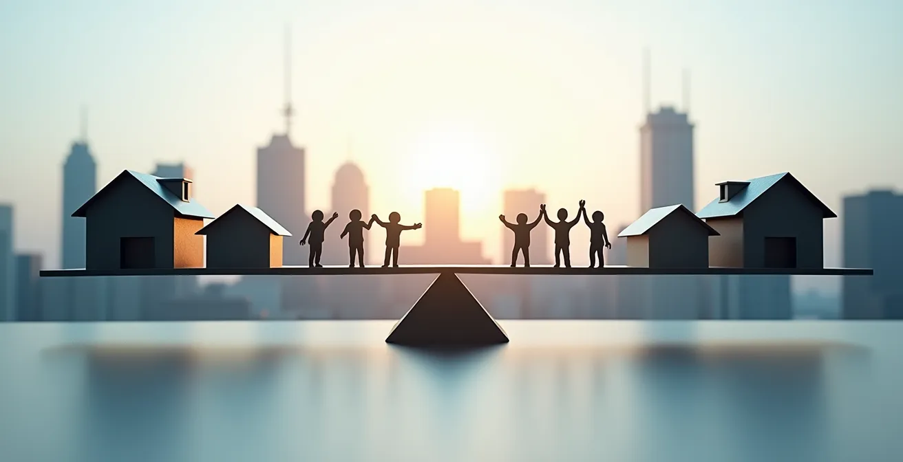 Représentation visuelle de l'indicateur de tension immobilière avec balance symbolique