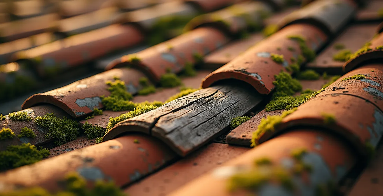 Vue aérienne par drone d'une toiture montrant tuiles cassées et traces d'humidité