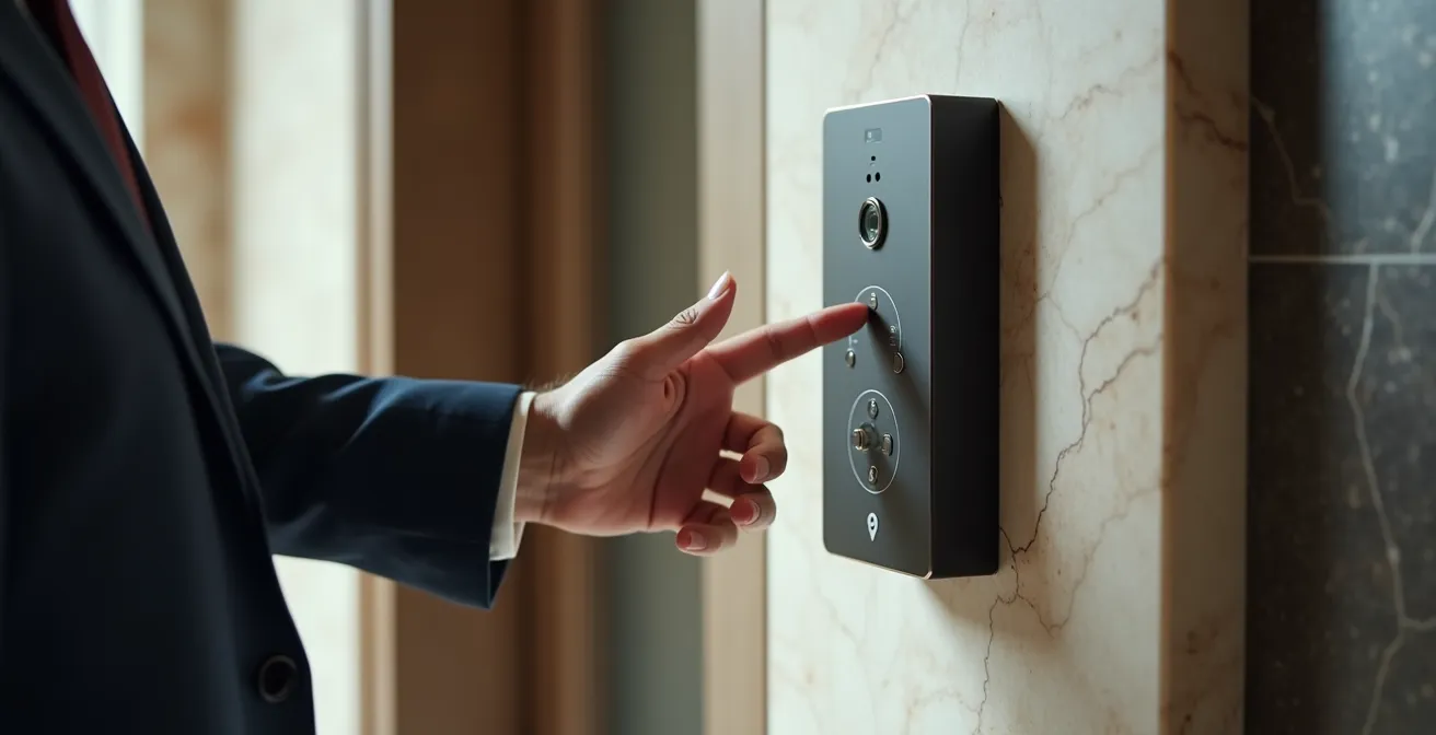 Système d'interphonie moderne avec écran tactile dans un hall d'entrée de résidence haut de gamme