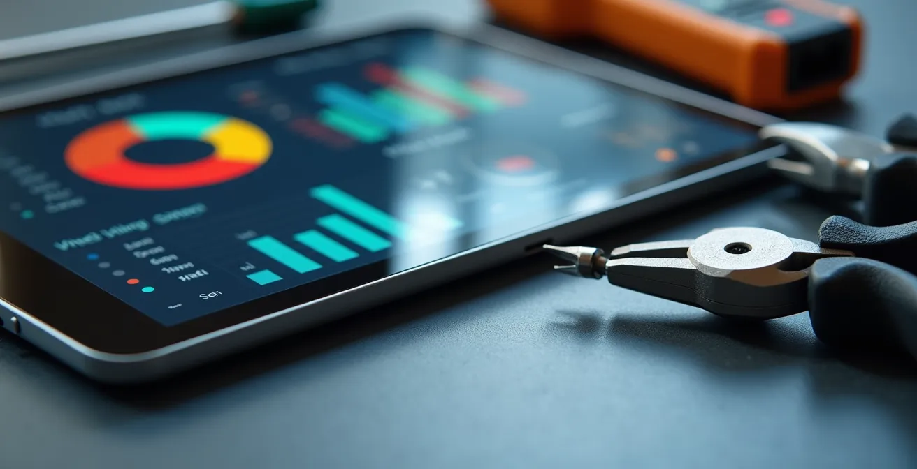 Gros plan sur des outils de maintenance organisés et un carnet d'entretien numérique