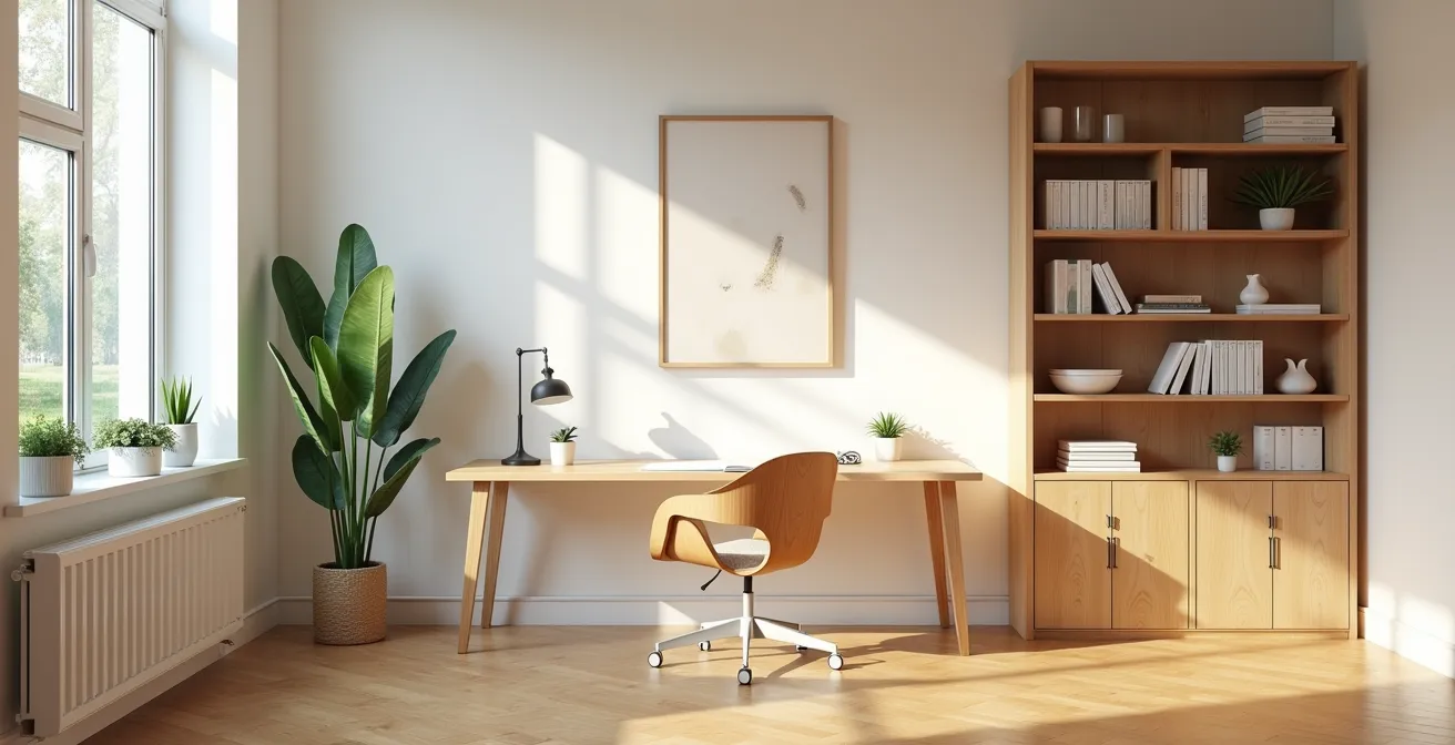Espace de télétravail moderne aménagé dans une pièce lumineuse avec bureau ergonomique et plantes vertes