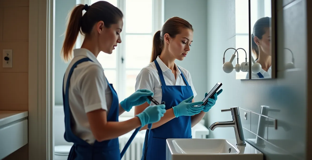 Portrait d'une équipe de ménage professionnelle en action dans un appartement haut de gamme