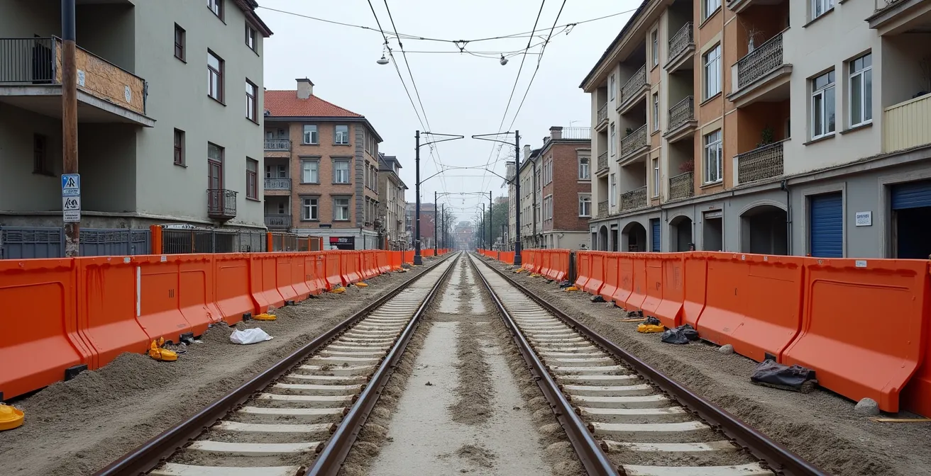Chantier de construction d'une ligne de tramway traversant un quartier résidentiel