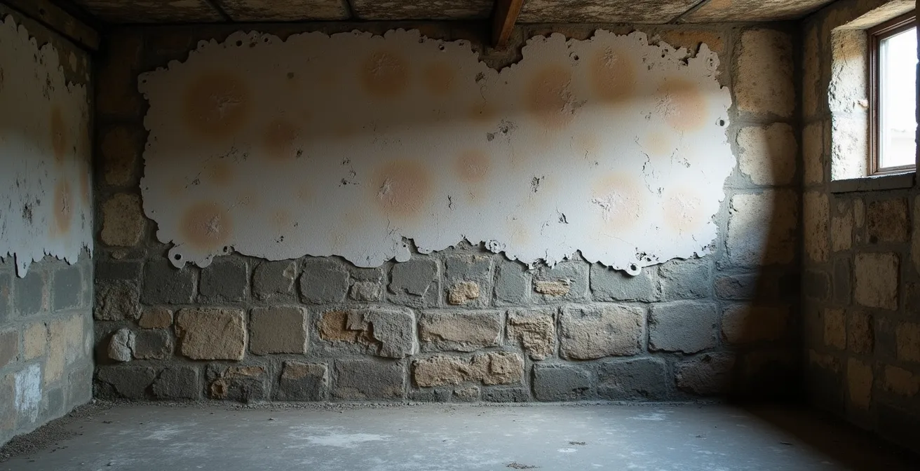 Cave présentant des traces caractéristiques de remontées capillaires avec efflorescences blanches sur mur de pierre