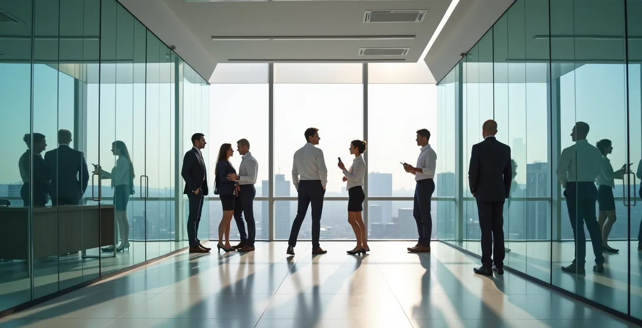 Vue large d'un espace de bureau moderne avec plusieurs personnes en discussion professionnelle