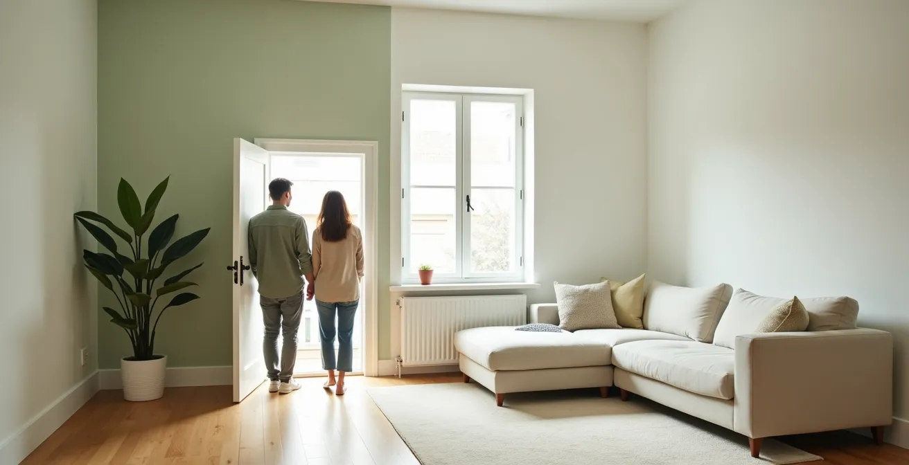 Salon aux murs blancs et beiges avec touches de couleur sur un mur d'accent, mobilier épuré