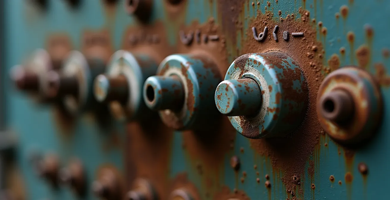Tableau électrique ancien avec des fils visibles et des disjoncteurs datés