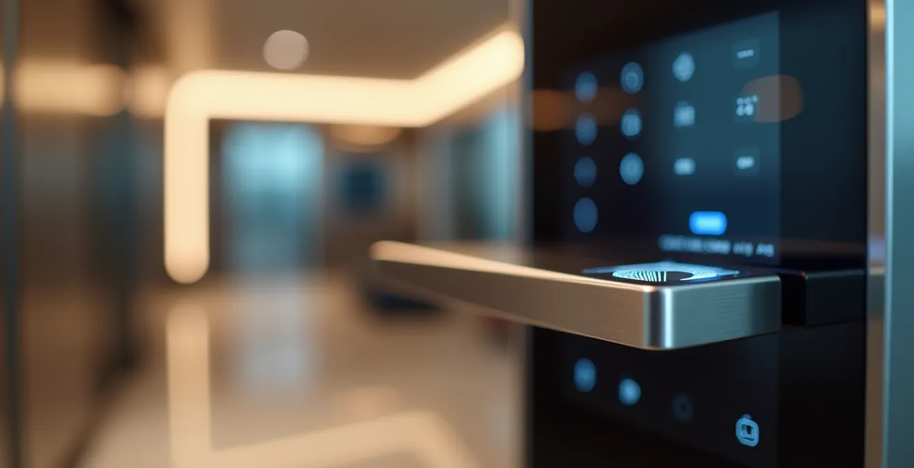 Système de contrôle d'accès biométrique moderne avec lecteur d'empreinte dans un hall d'entrée luxueux