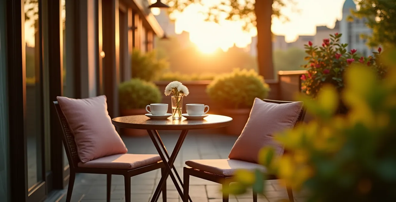 Terrasse aménagée avec mobilier d'extérieur et plantes vertes créant une ambiance accueillante