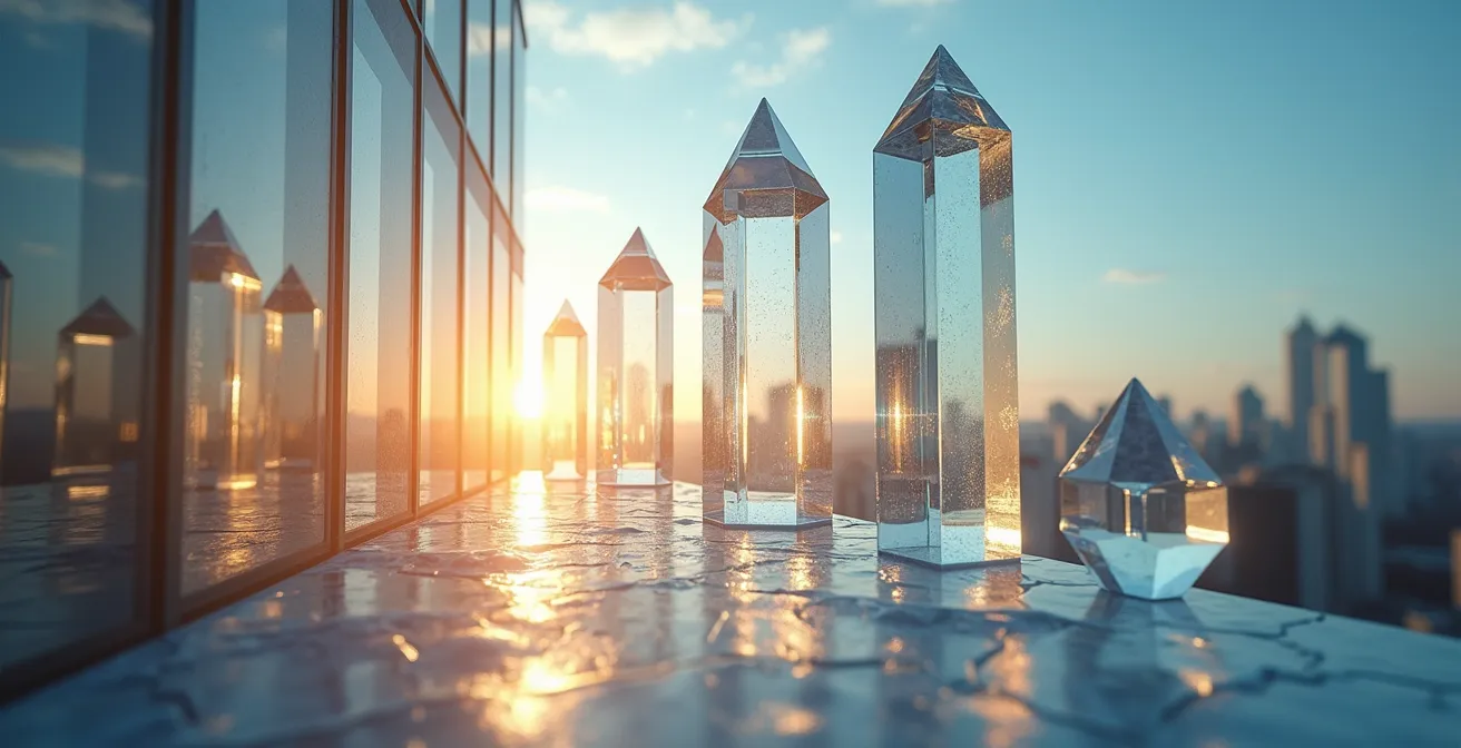 Représentation symbolique de la tokenisation immobilière avec des jetons numériques flottant autour d'un immeuble moderne