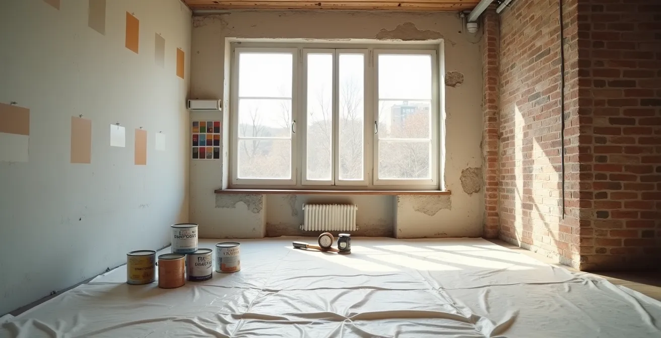 Intérieur d'appartement en cours de rénovation avec outils et matériaux