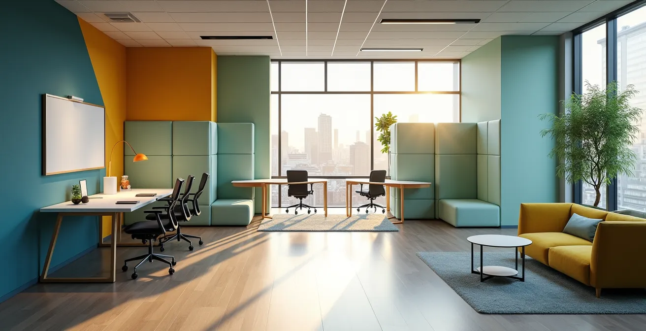 Aménagement de bureau avec différentes zones cognitives pour équipes créatives