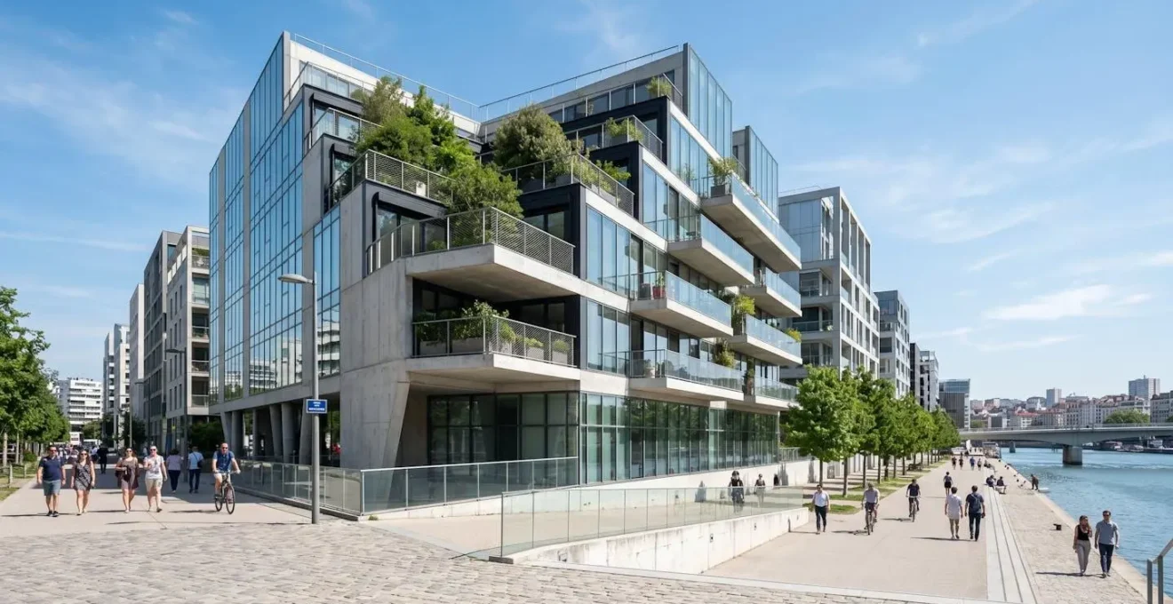 Vue d'ensemble d'un immeuble résidentiel contemporain dans le quartier lyonnais de la Confluence sous un ciel lumineux de fin d'après-midi