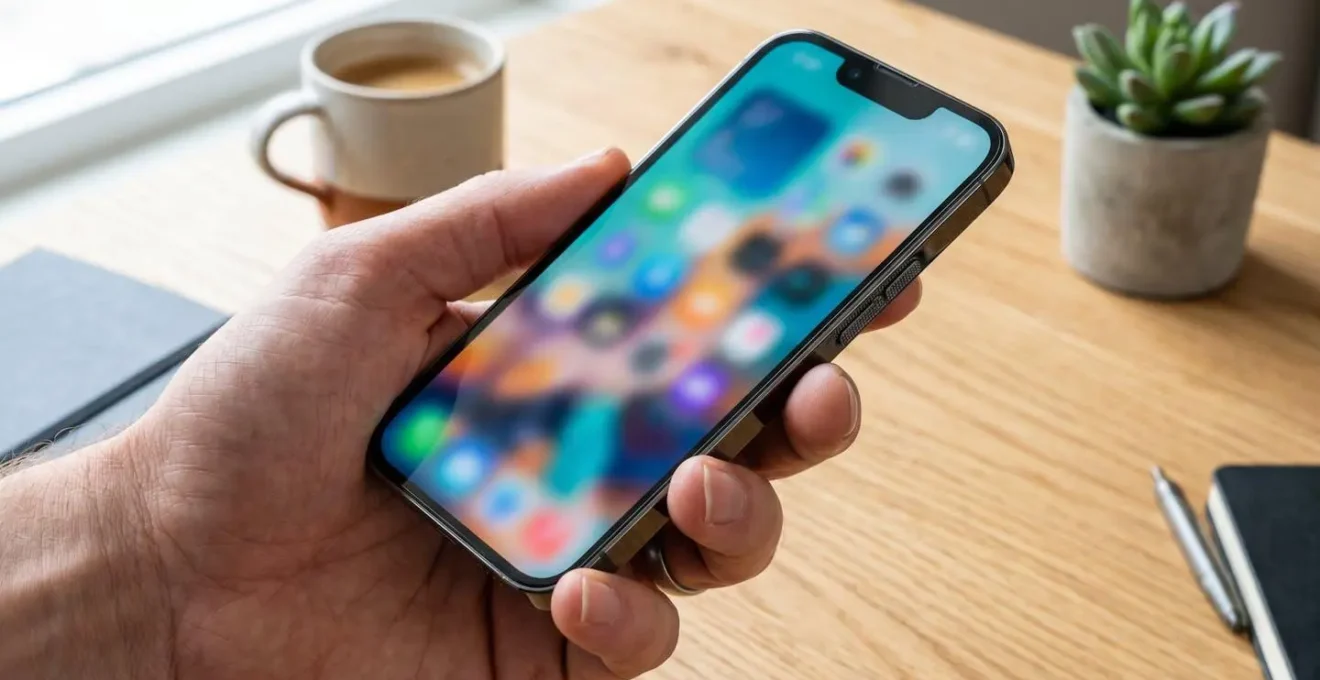 Gros plan sur une main tenant un smartphone moderne au-dessus d'une surface de bureau en bois clair, l'écran de l'appareil étant intentionnellement flouté pour ne montrer qu'une composition abstraite de formes