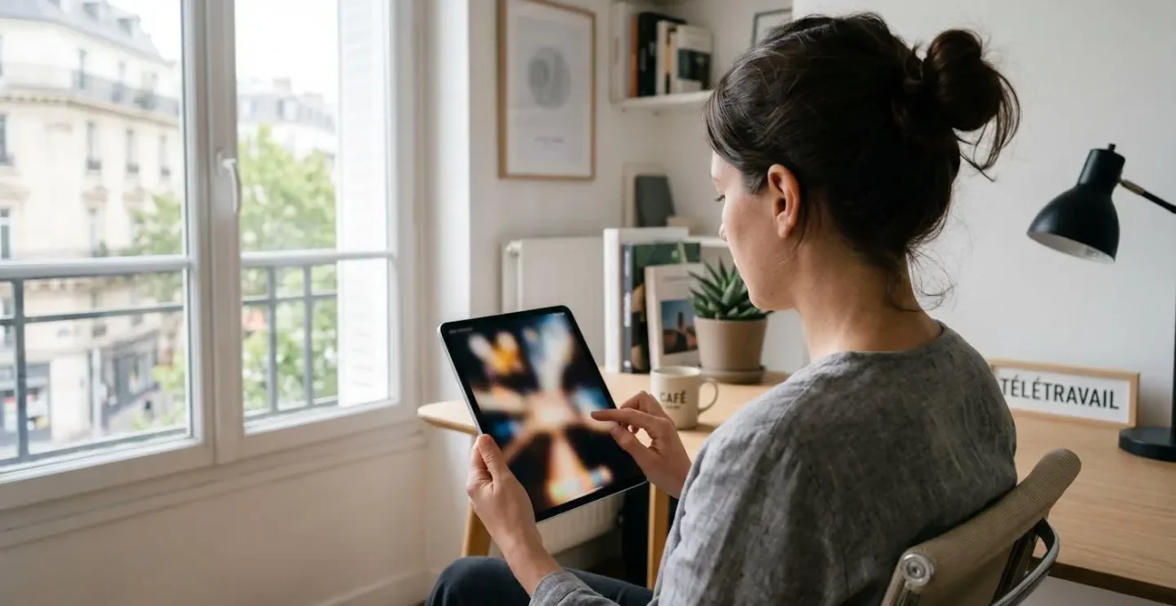 Vue par-dessus l'épaule d'une personne consultant une tablette numérique dans un bureau moderne baigné de lumière naturelle, l'écran de l'appareil étant volontairement flouté