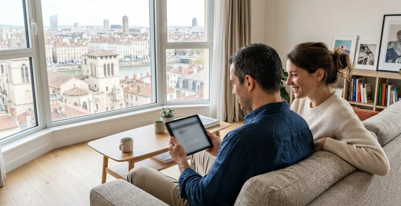 Un couple de trentenaires vu de dos consulte ensemble une tablette dans un salon moderne avec grande baie vitrée