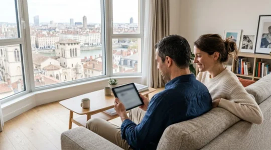 Un couple de trentenaires vu de dos consulte ensemble une tablette dans un salon moderne avec grande baie vitrée