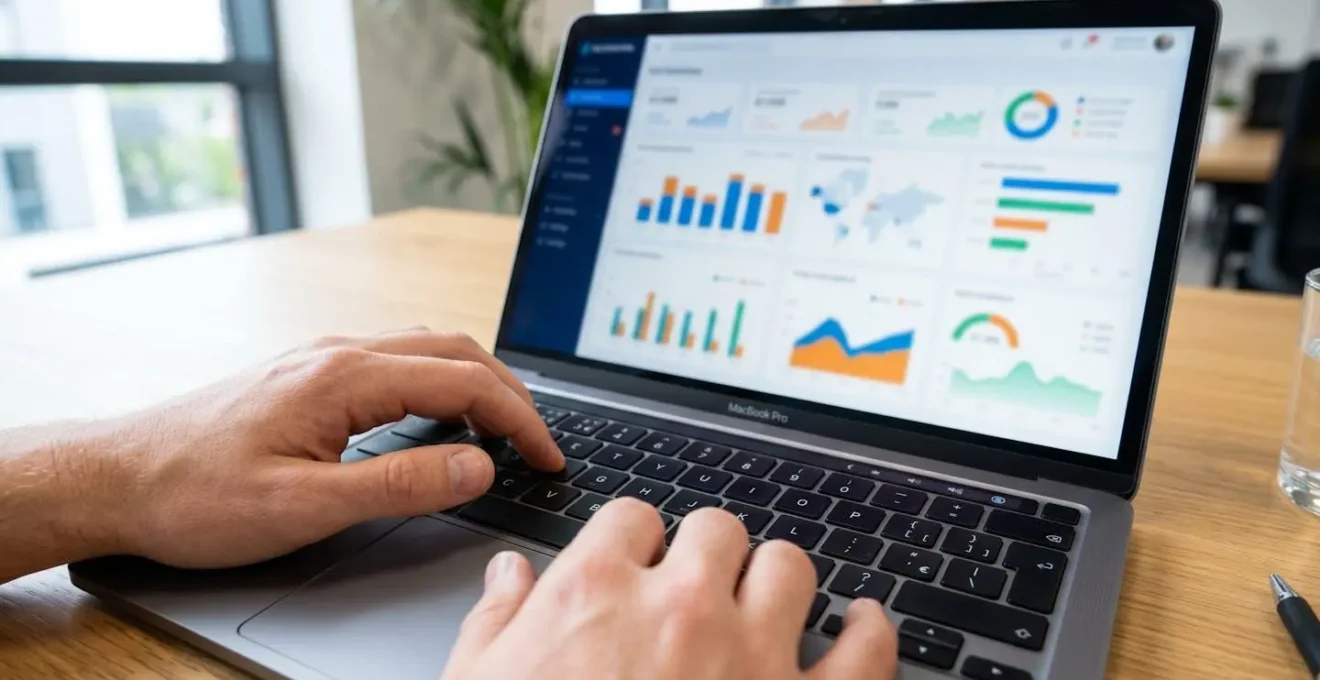 Gros plan de mains tapant sur un clavier d'ordinateur portable avec un tableau de bord de données immobilières visible en arrière-plan flouté
