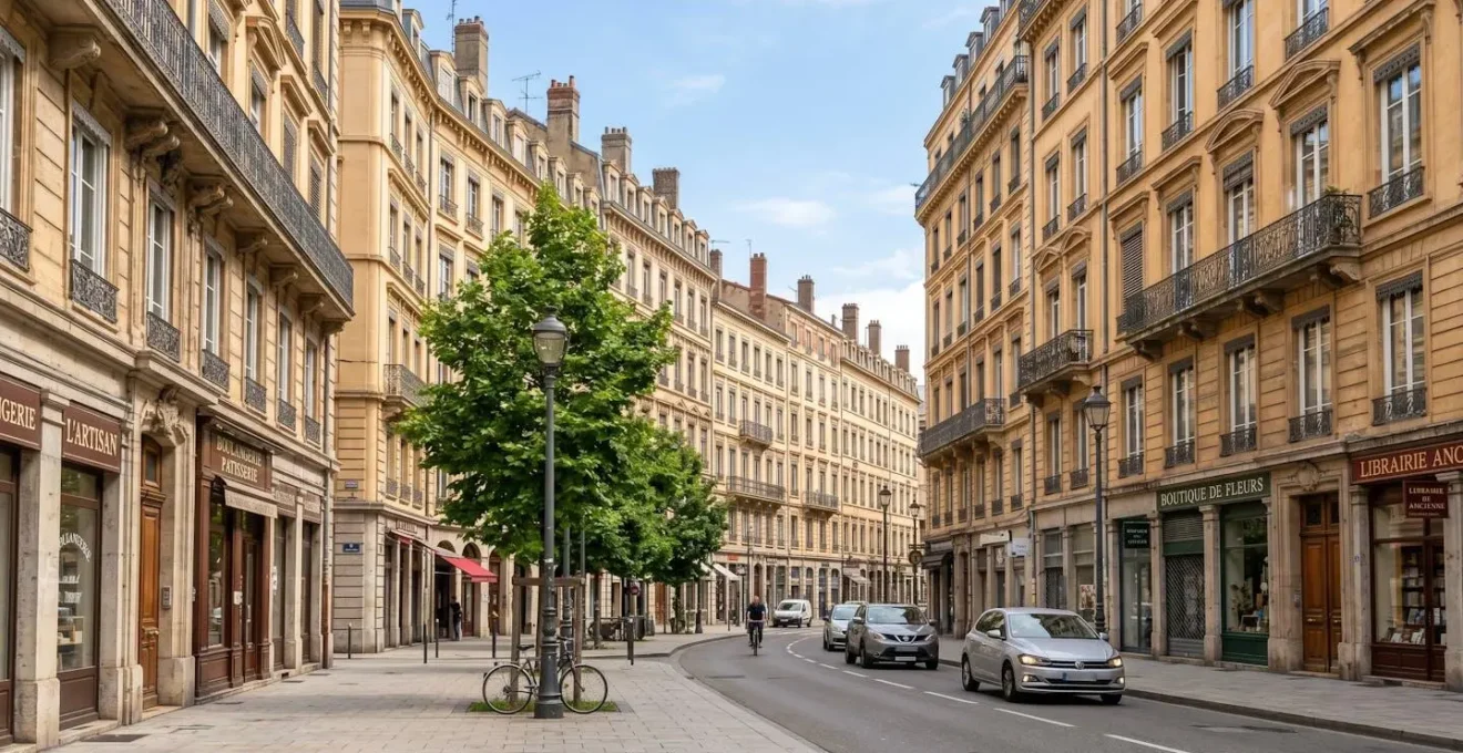 Vue en contre-plongée d'immeubles haussmanniens typiques du centre de Lyon avec façades en pierre ocre sous un ciel dégagé